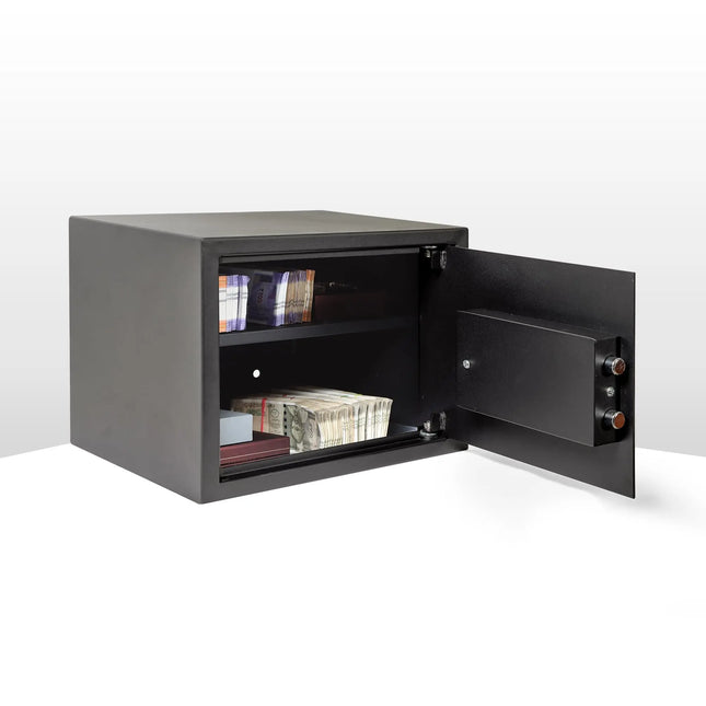 Equal safe locker interior open showing cash and passport storage space