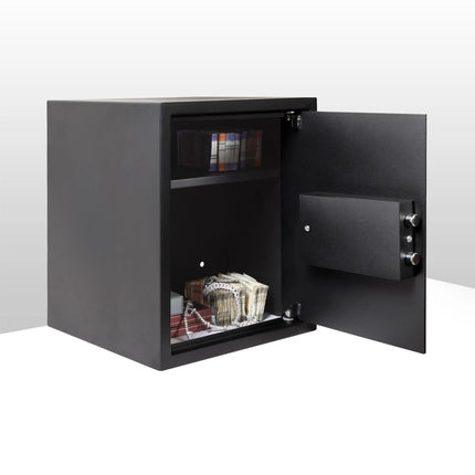 Equal safe locker interior open showing cash and passport storage space