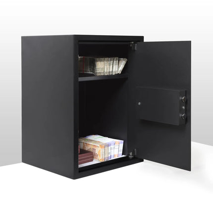 Equal safe locker interior open showing cash and passport storage space