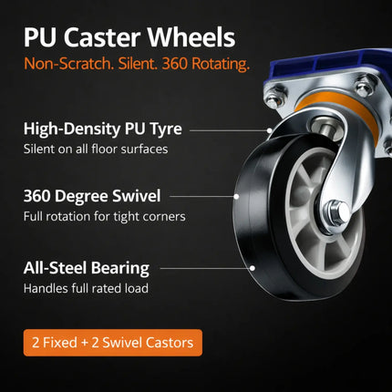 Equal Platform Trolley 200kg High-Density PU Caster Wheels Non-Scratch Silent 360 Degree Swivel