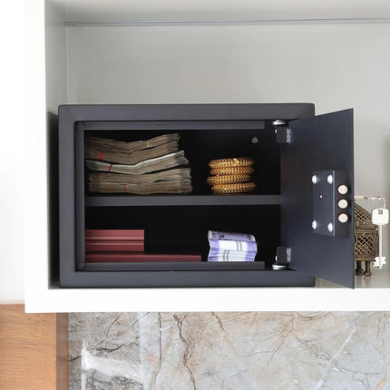 Equal safe locker interior open showing cash and passport storage space