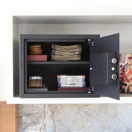 Equal safe locker interior open showing cash and passport storage space