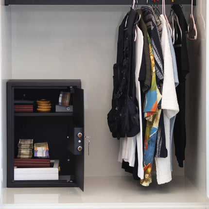 Equal safe locker interior open showing cash and passport storage space