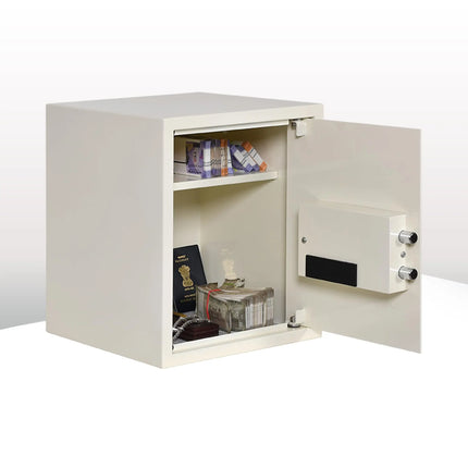 Equal Retro 48L safe locker open showing cash, passport and jewellery storage