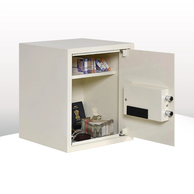 Equal Retro 48L safe locker open showing cash, passport and jewellery storage