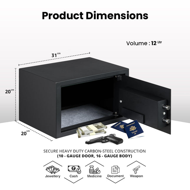 Equal SecureLite 12L Digital Safe Locker – Pincode & Emergency Key | Matte Black