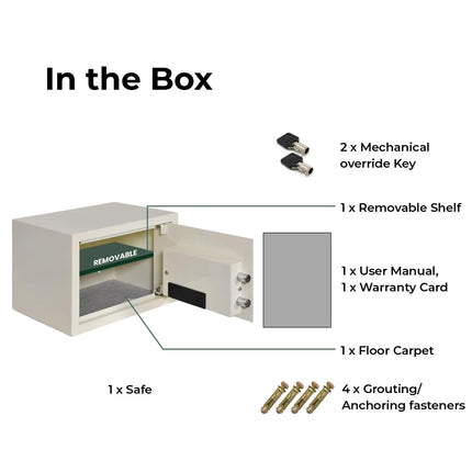 Equal safe locker box contents - keys, shelf, anchoring fasteners, user manual