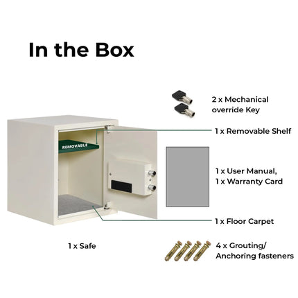 Equal safe locker box contents - keys, shelf, anchoring fasteners, user manual