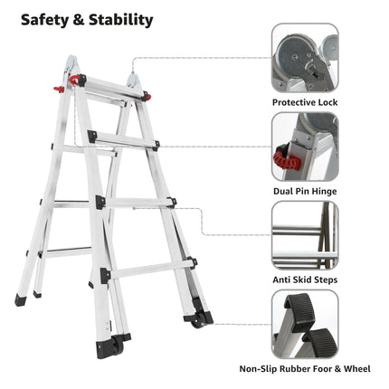 13.5 ft. aluminum multipurpose ladder features