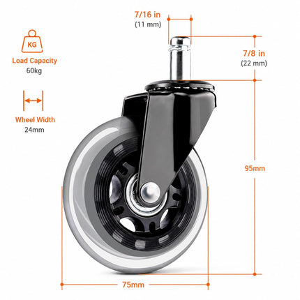 Equal chair caster wheel specifications - 75mm wheel, 60kg load capacity, 11mm stem
