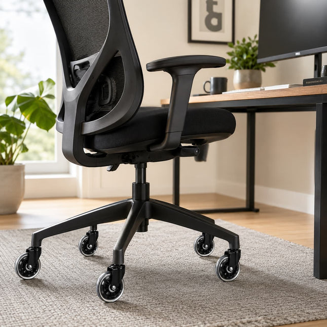 Equal smooth rolling caster wheels installed on ergonomic office chair