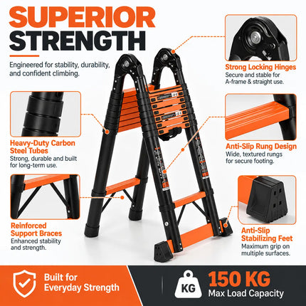 Equal 16.5 FT Carbon Steel A-Type Telescopic Ladder – 150kg EN131