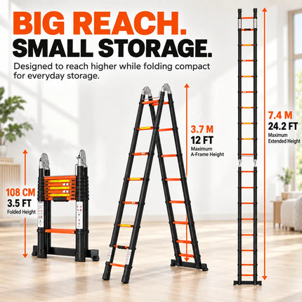 Equal 24.5 FT Carbon Steel A-Type Telescopic Ladder – 150kg EN131
