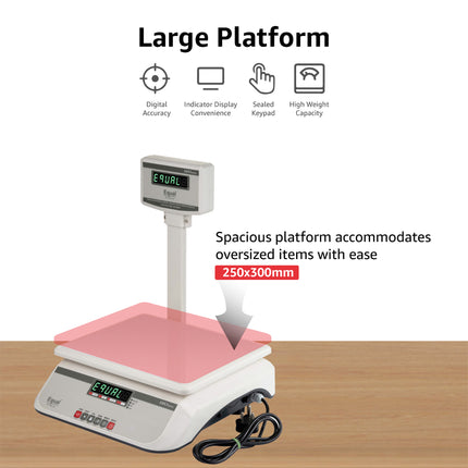 Equal 40kg Capacity Electronics Digital Table Top Kitchen Weighing Scale w/Pole, 250x300mm