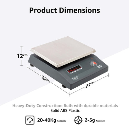 Equal 20/40kg Capacity Electronics Digital Table Top Kitchen Weighing Scale; 240x280mm