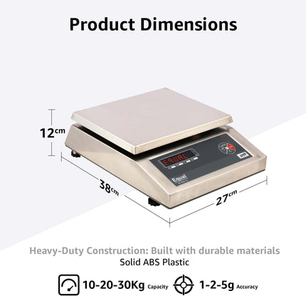 Equal 10/20/30kg Capacity Electronics Digital Table Top Kitchen Weighing Scale; 240x280mm