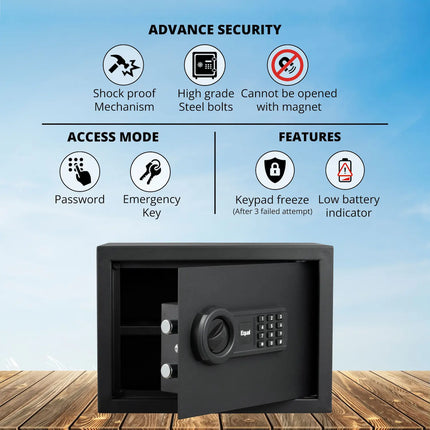 Equal SecureLite 12L Safe Locker | Digital Pincode + Emergency Key + Anti-Saw Bolts | Matte Black