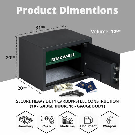 Equal SecureLite 12L Safe Locker | Digital Pincode + Emergency Key + Anti-Saw Bolts | Matte Black
