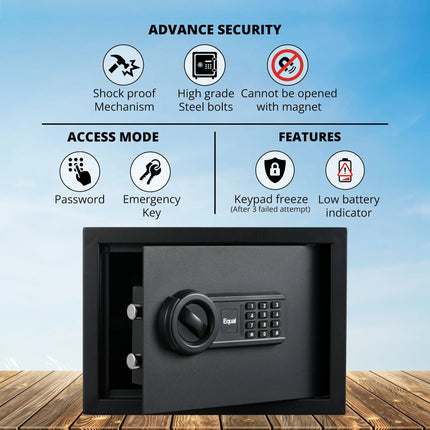 Equal SecureLite 20L Safe Locker | Digital Pincode + Emergency Key + Anti-Saw Bolts | Matte Black