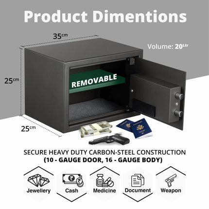 Equal SecureLitePro 20L Safe Locker | Digital Pincode + Emergency Key + Anti-Saw Bolts | Grey