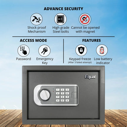 Equal SecureLitePro 20L Safe Locker | Digital Pincode + Emergency Key + Anti-Saw Bolts | Grey