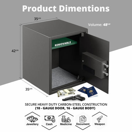 Equal SecureLitePro 48L Safe Locker | Digital Pincode + Emergency Key + Anti-Saw Bolts | Grey