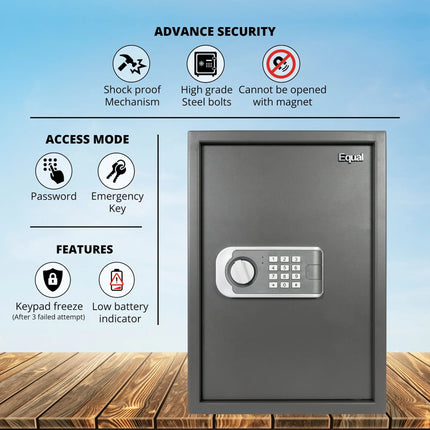 Equal SecureLitePro 55L Safe Locker | Digital Pincode + Emergency Key + Anti-Saw Bolts | Grey
