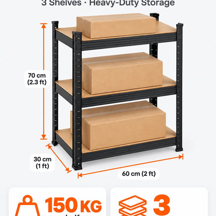 Equal 3-Tier Metal Storage Rack – 150kg/Shelf | Black
