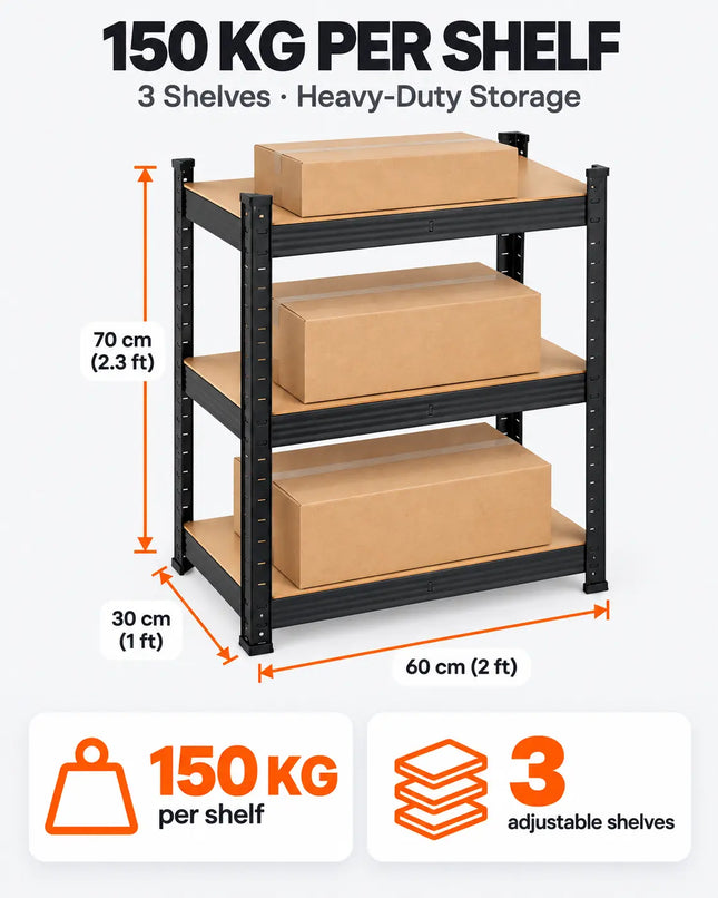 Equal 3-Tier Metal Storage Rack – 150kg/Shelf | Black