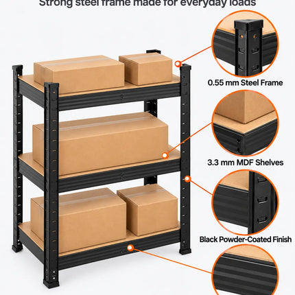 Equal 3-Tier Metal Storage Rack – 150kg/Shelf | Black