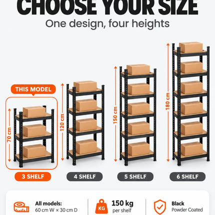 Equal 3-Tier Metal Storage Rack – 150kg/Shelf | Black