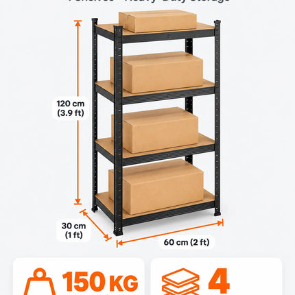 Equal 4-Tier Metal Storage Rack – 150kg/Shelf | Black