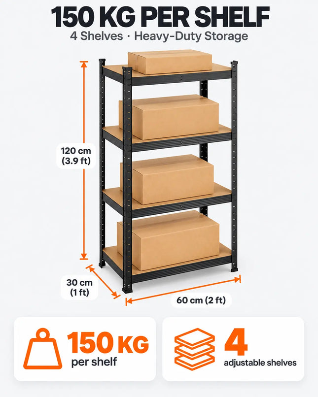 Equal 4-Tier Metal Storage Rack – 150kg/Shelf | Black