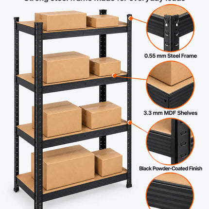Equal 4-Tier Metal Storage Rack – 150kg/Shelf | Black