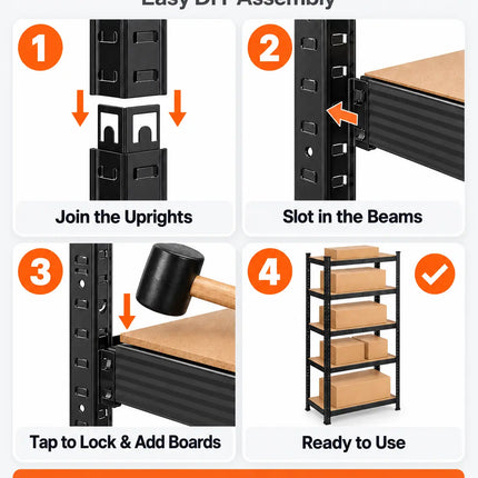Equal 4-Tier Metal Storage Rack – 150kg/Shelf | Black