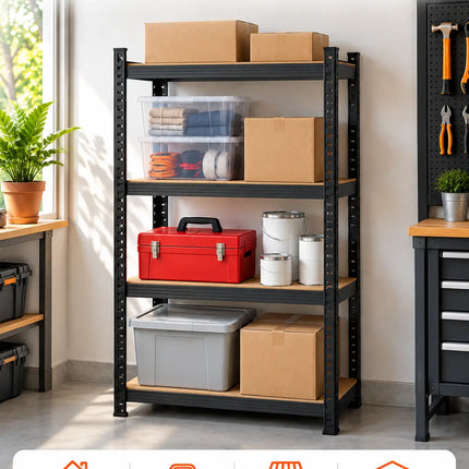 Equal 4-Tier Metal Storage Rack – 150kg/Shelf | Black