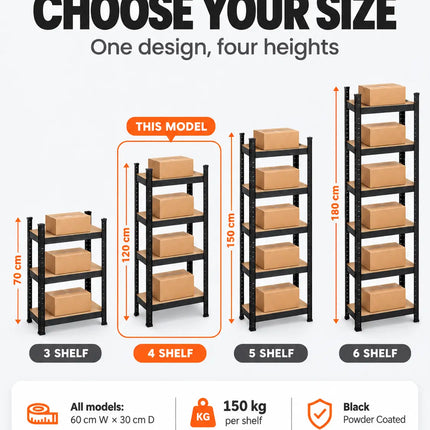 Equal 4-Tier Metal Storage Rack – 150kg/Shelf | Black