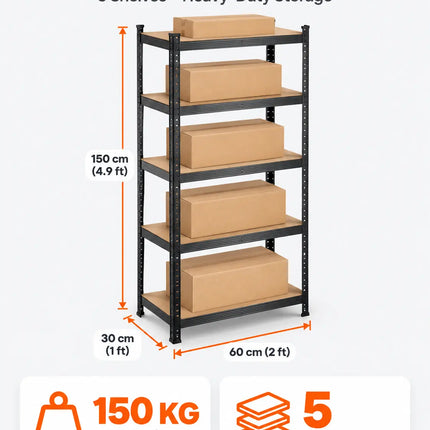 Equal 5-Tier Metal Storage Rack – 150kg/Shelf | Black