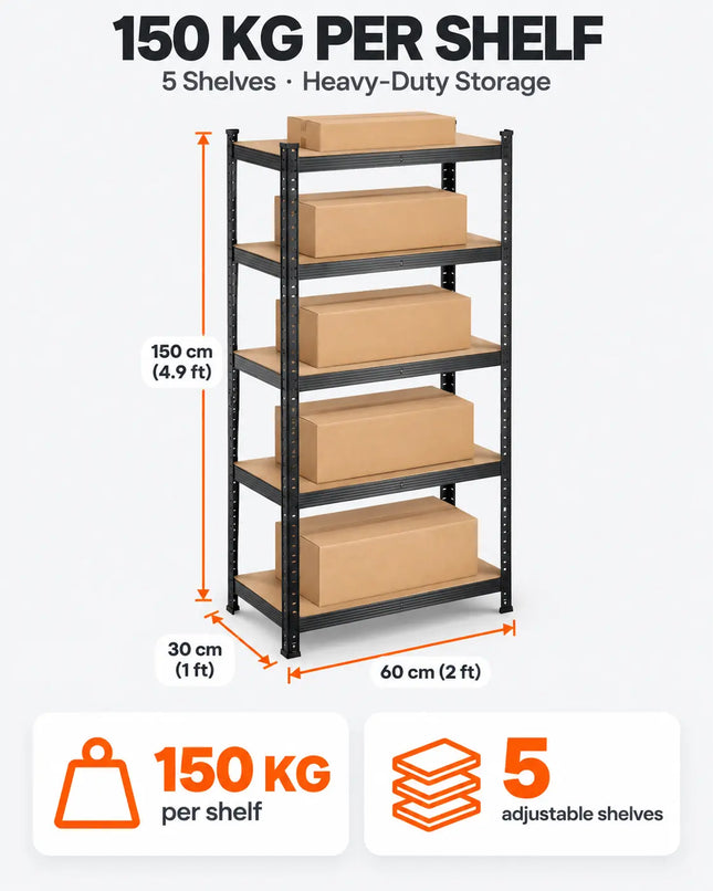Equal 5-Tier Metal Storage Rack – 150kg/Shelf | Black