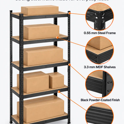 Equal 5-Tier Metal Storage Rack – 150kg/Shelf | Black