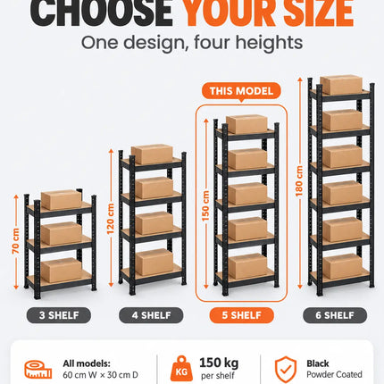 Equal 5-Tier Metal Storage Rack – 150kg/Shelf | Black