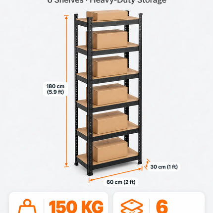 Equal 6-Tier Metal Storage Rack – 150kg/Shelf | Black