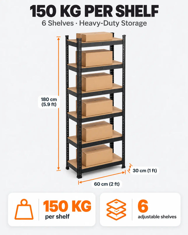 Equal 6-Tier Metal Storage Rack – 150kg/Shelf | Black