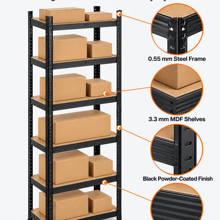 Equal 6-Tier Metal Storage Rack – 150kg/Shelf | Black