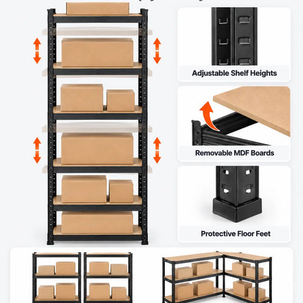 Equal 6-Tier Metal Storage Rack – 150kg/Shelf | Black