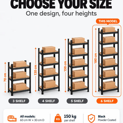Equal 6-Tier Metal Storage Rack – 150kg/Shelf | Black