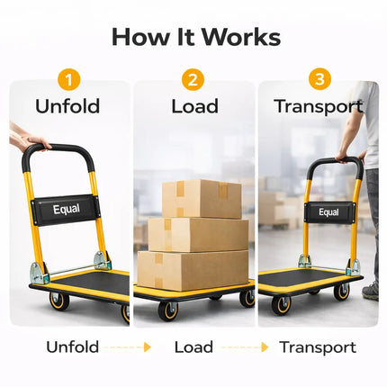 Equal foldable platform trolley showing unfold load and transport steps