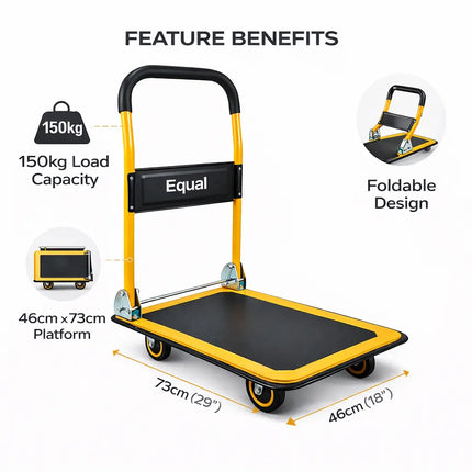 Equal foldable platform trolley features showing steel deck handle and caster wheels
