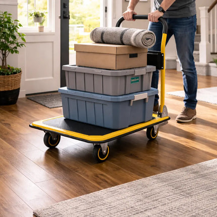 Equal platform trolley transporting stacked boxes on hard floor surface