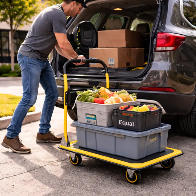 Equal 150kg foldable platform trolley loading storage boxes into car
